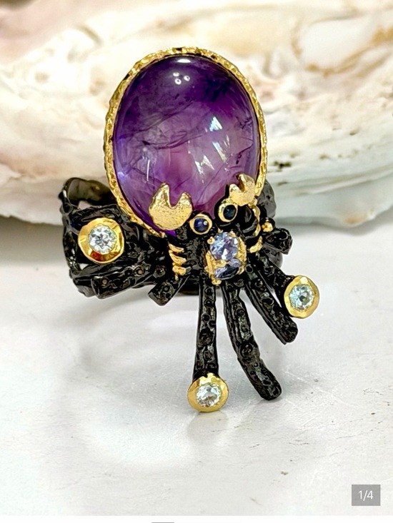 Girl with Kaleidoscope Eyes Jewelry - Artist Designed Coastal Sea Life Crab Amethyst Sterling Silver & 14k Ring